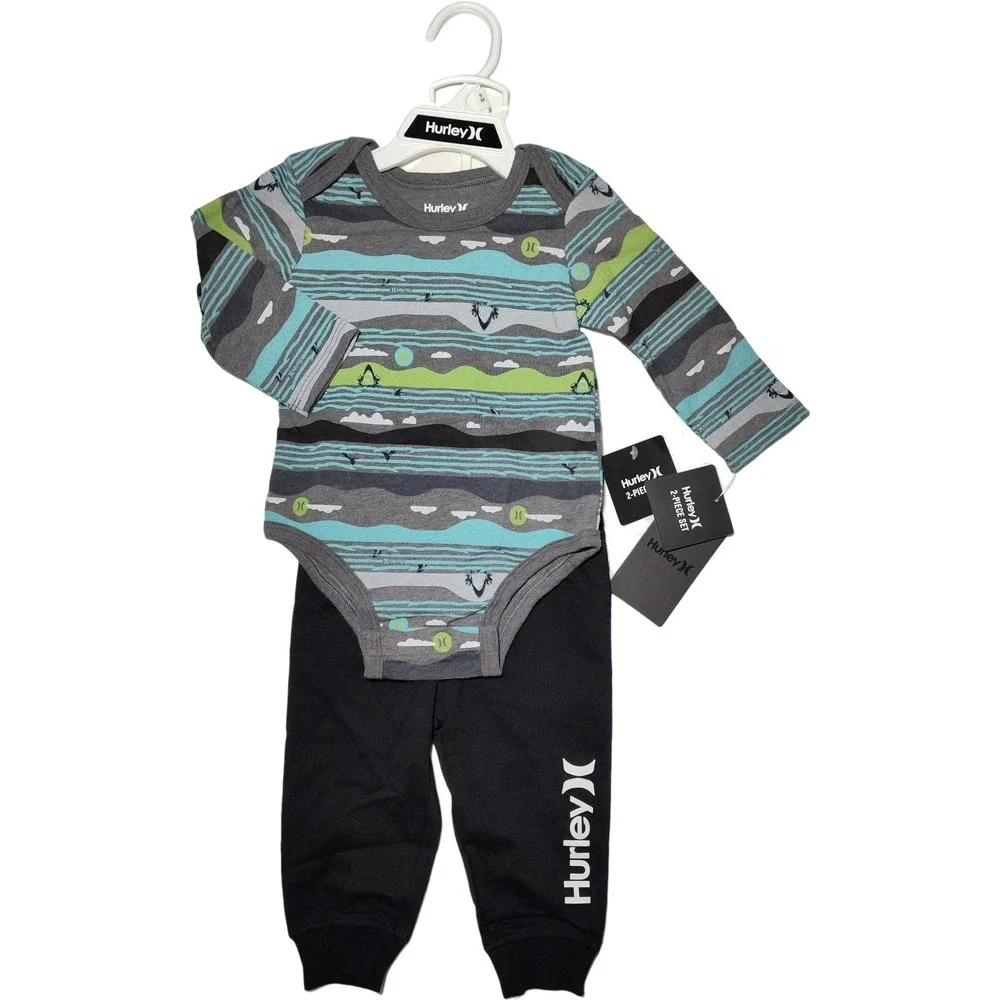 Hurley Baby Shark 9 Mos Outfit Set 2pc Black Sweat‎ Pants LS Bodysuit Boy NWT